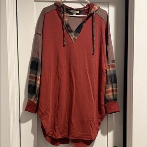 Oil and Hali Rust Hooded Tunic with Plaid Sleeves